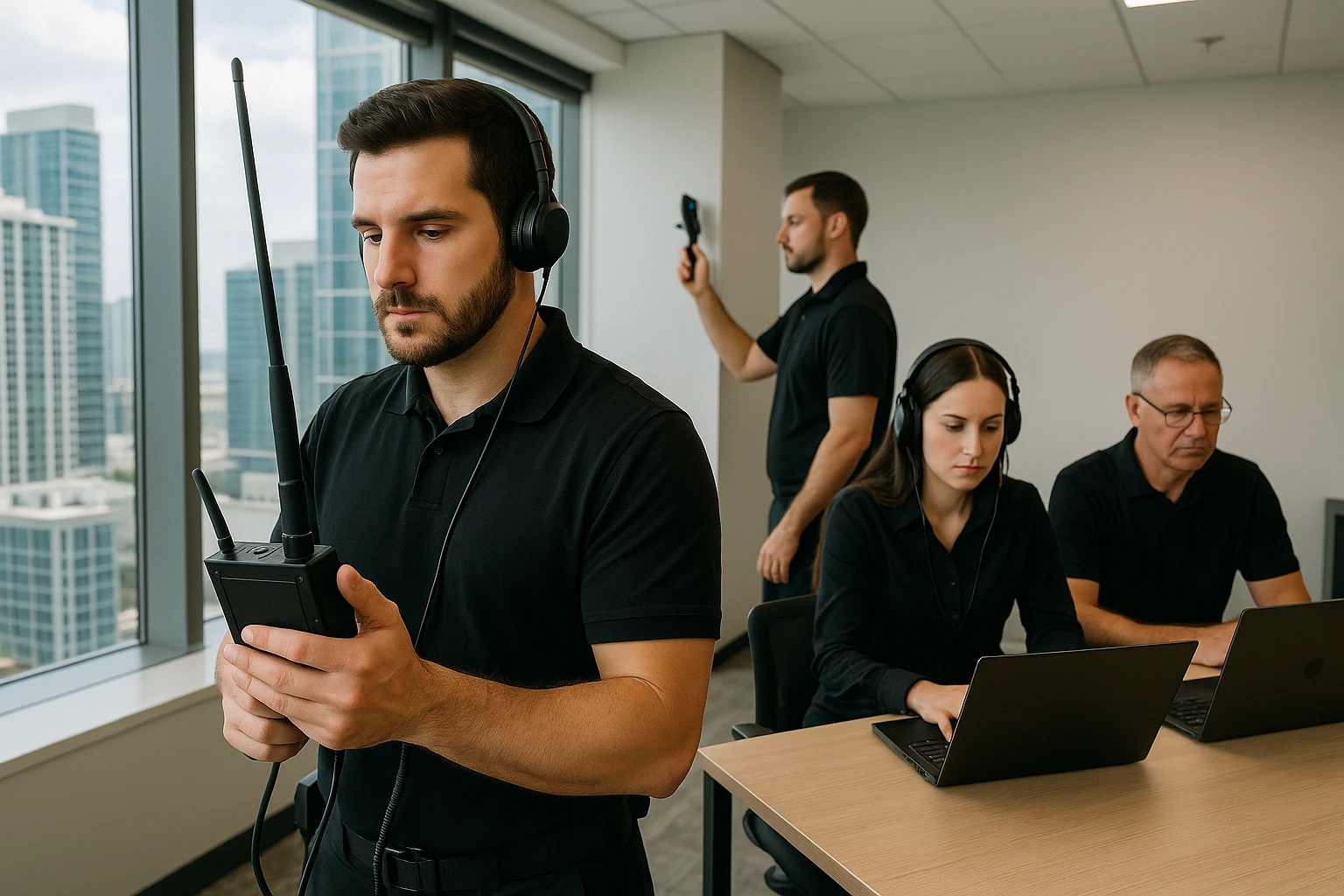 A team of TSCM specialists conducting a bug sweep in a modern Miami office with electronic detection devices and laptops.