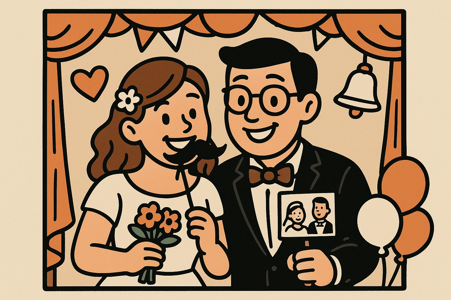A couple smiling and posing inside a festive photo booth adorned with wedding-themed props and decorations.