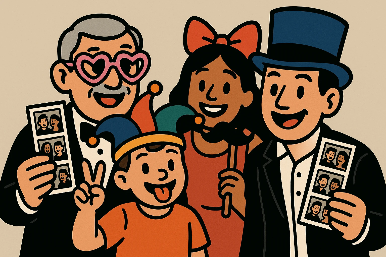 Guests of all ages posing playfully in a rental photo booth with colorful props and instant photo strips at a wedding reception.