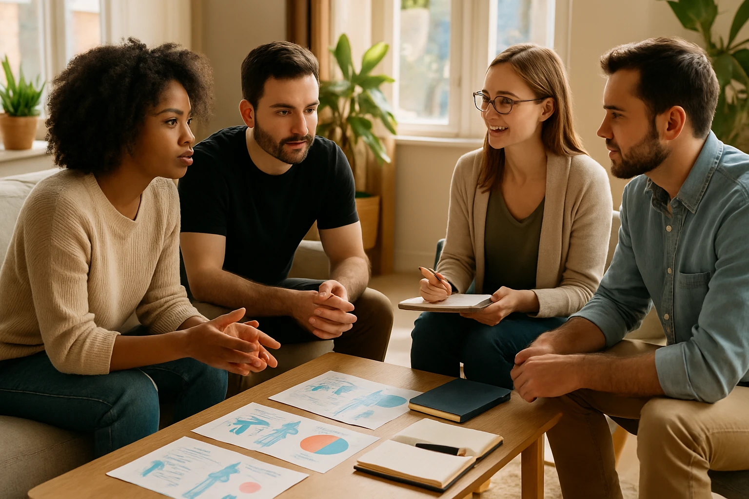 A group of people sitting in a cozy, sunlit room discussing personalized health plans with various medical charts and notebooks on a table.