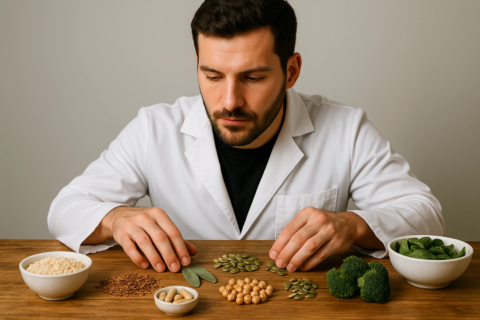 A nutritionist examining various plant-based ingredients on a wooden table for creating a new melatonin-free sleep supplement.