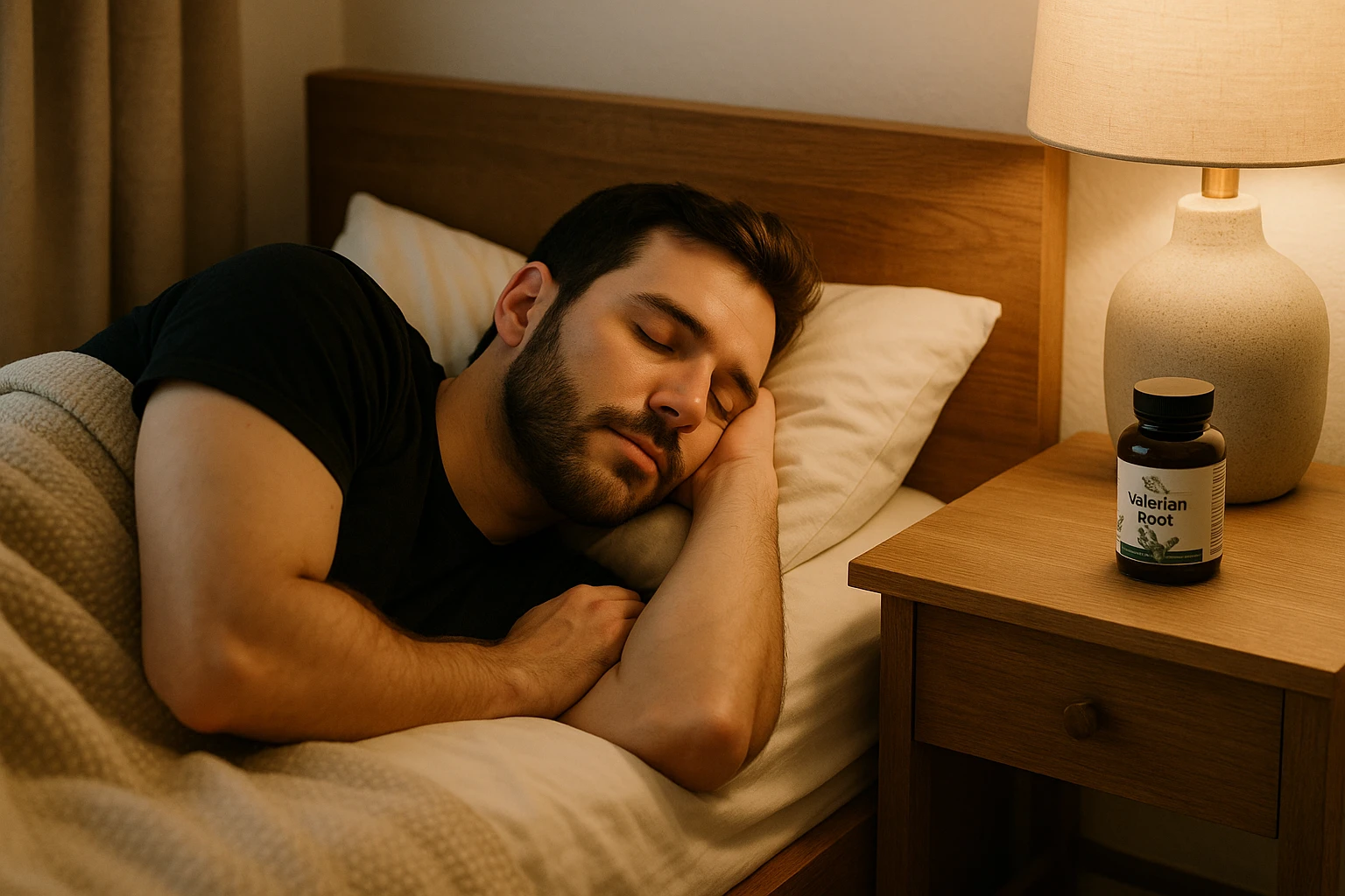 A cozy bedroom with a person peacefully sleeping on a bed, a bottle of valerian root supplements on the nightstand.