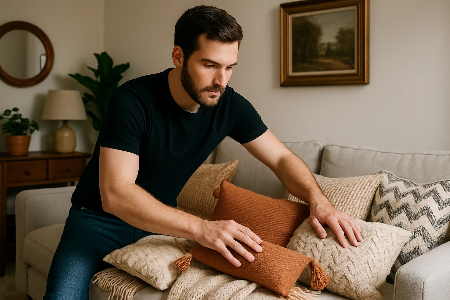 A person thoughtfully arranging a variety of stylish cushions and throws on a sofa in a cozy, well-decorated living room in a British home.
