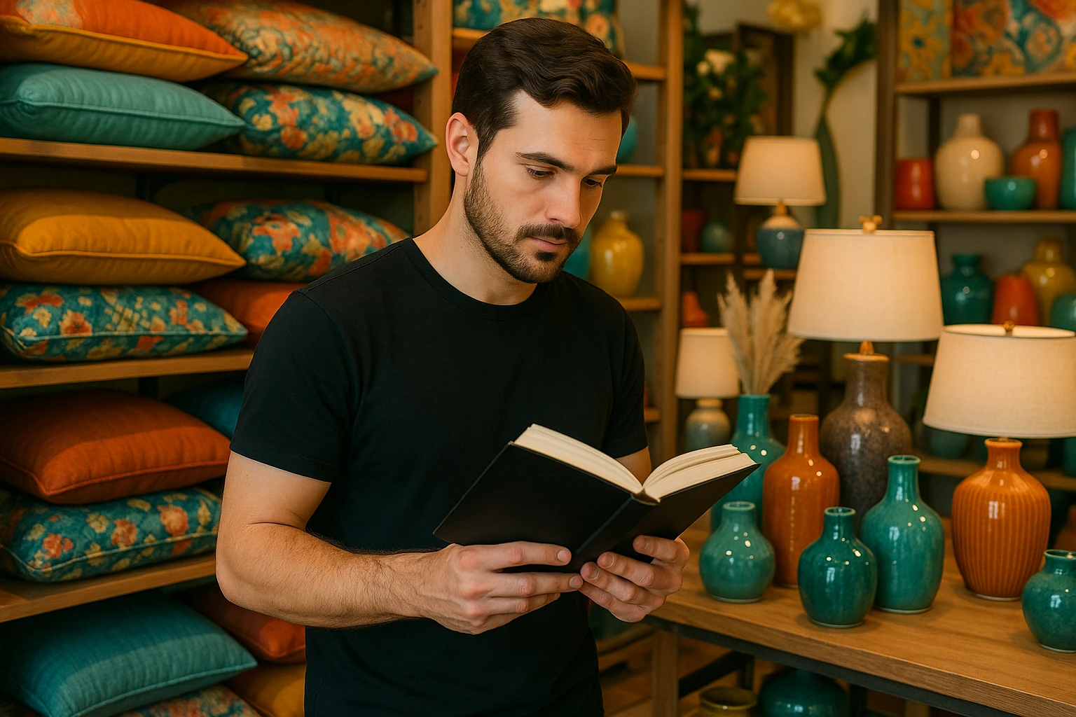A customer browsing a vibrant home decor store filled with cushions, vases, and elegant lamps, thoughtfully selecting items for a cosy living room.