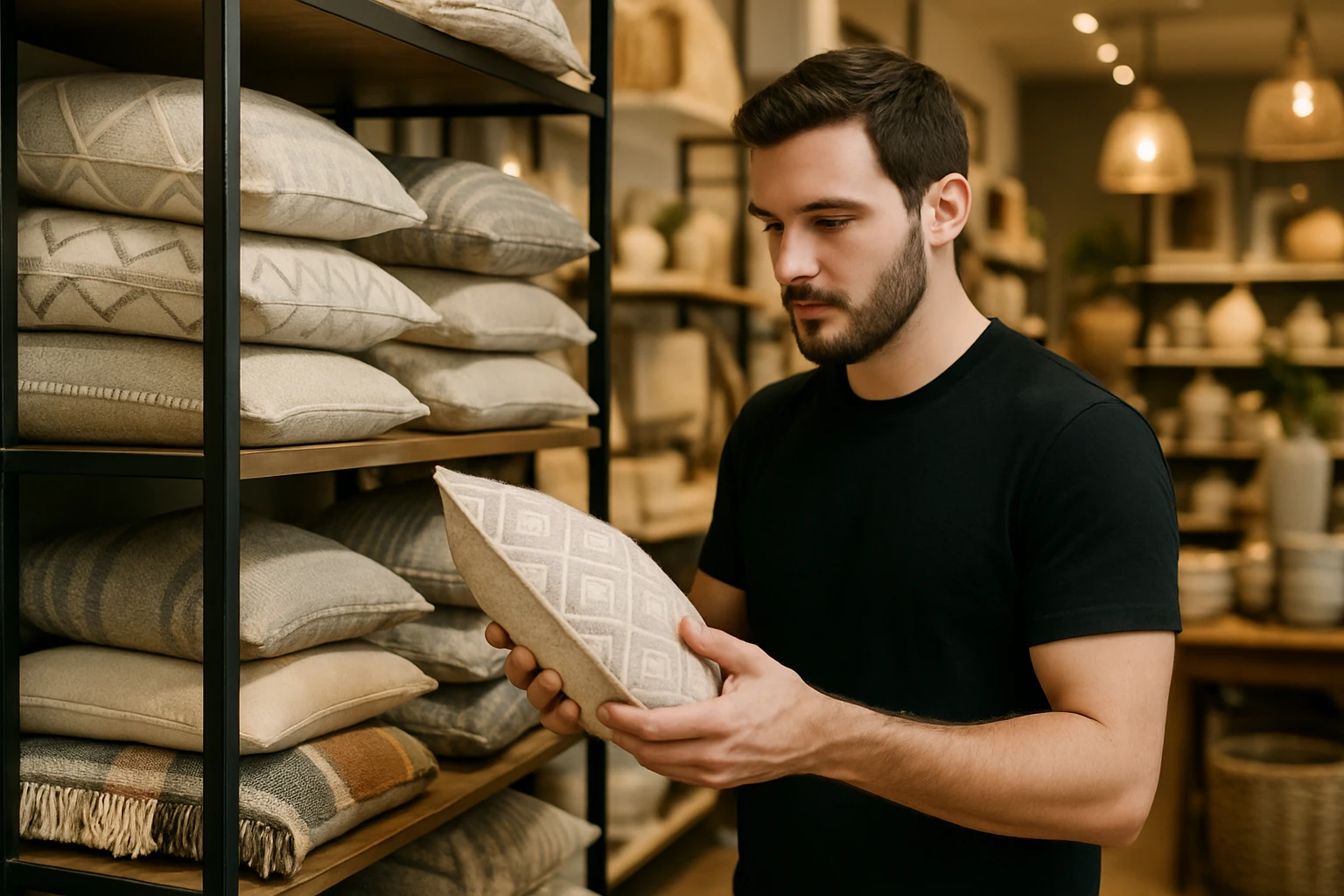 A shopper examining a display of decorative pillows and throws at a stylish home decor store in the UK.