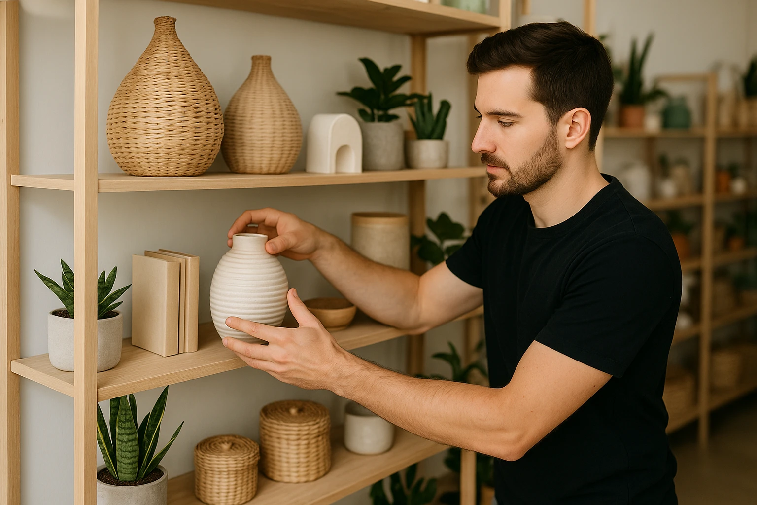 A person arranging trendy home decor items on a store shelf with a focus on modern eco-friendly products.