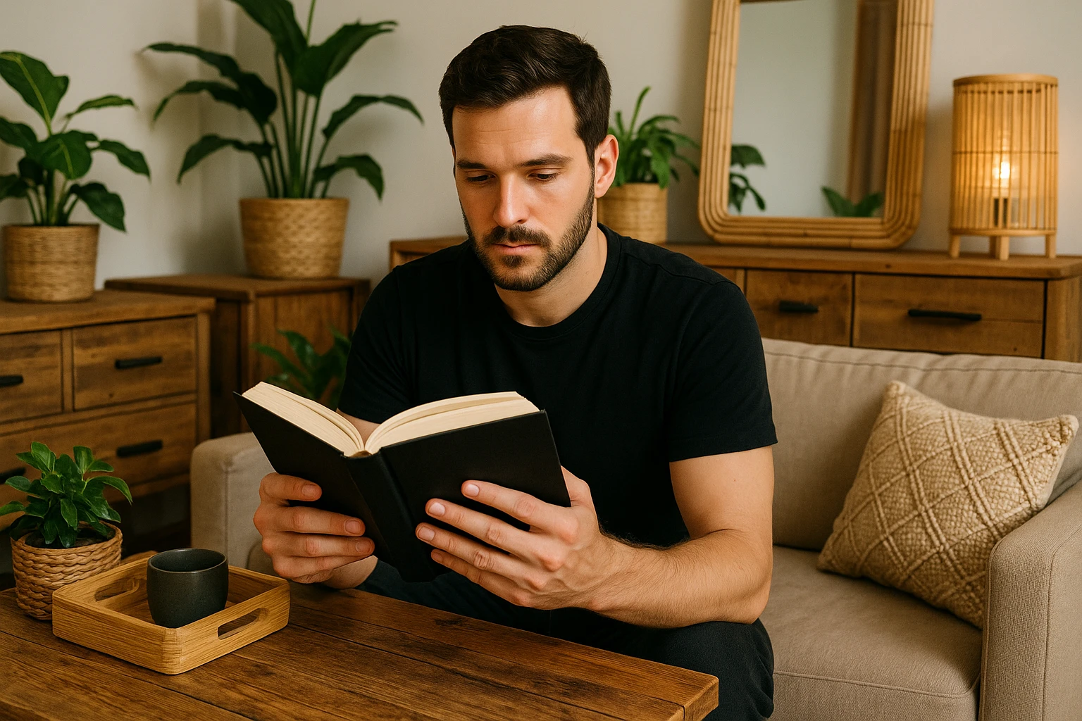 A person decorating their living room with furniture made from reclaimed wood and bamboo.