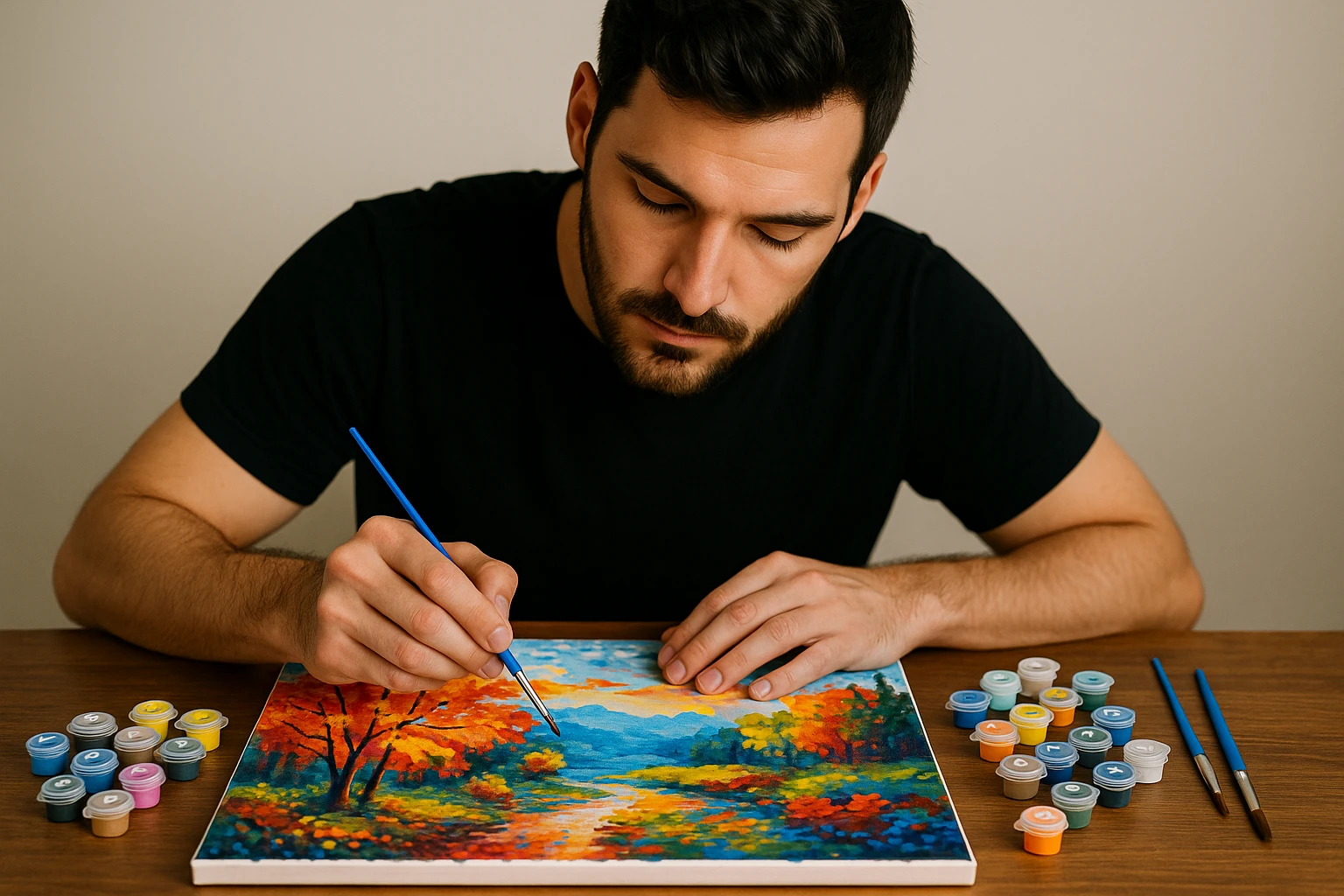 A person painting a colorful landscape with a paint by numbers kit on a wooden table, surrounded by small pots of paint and brushes.