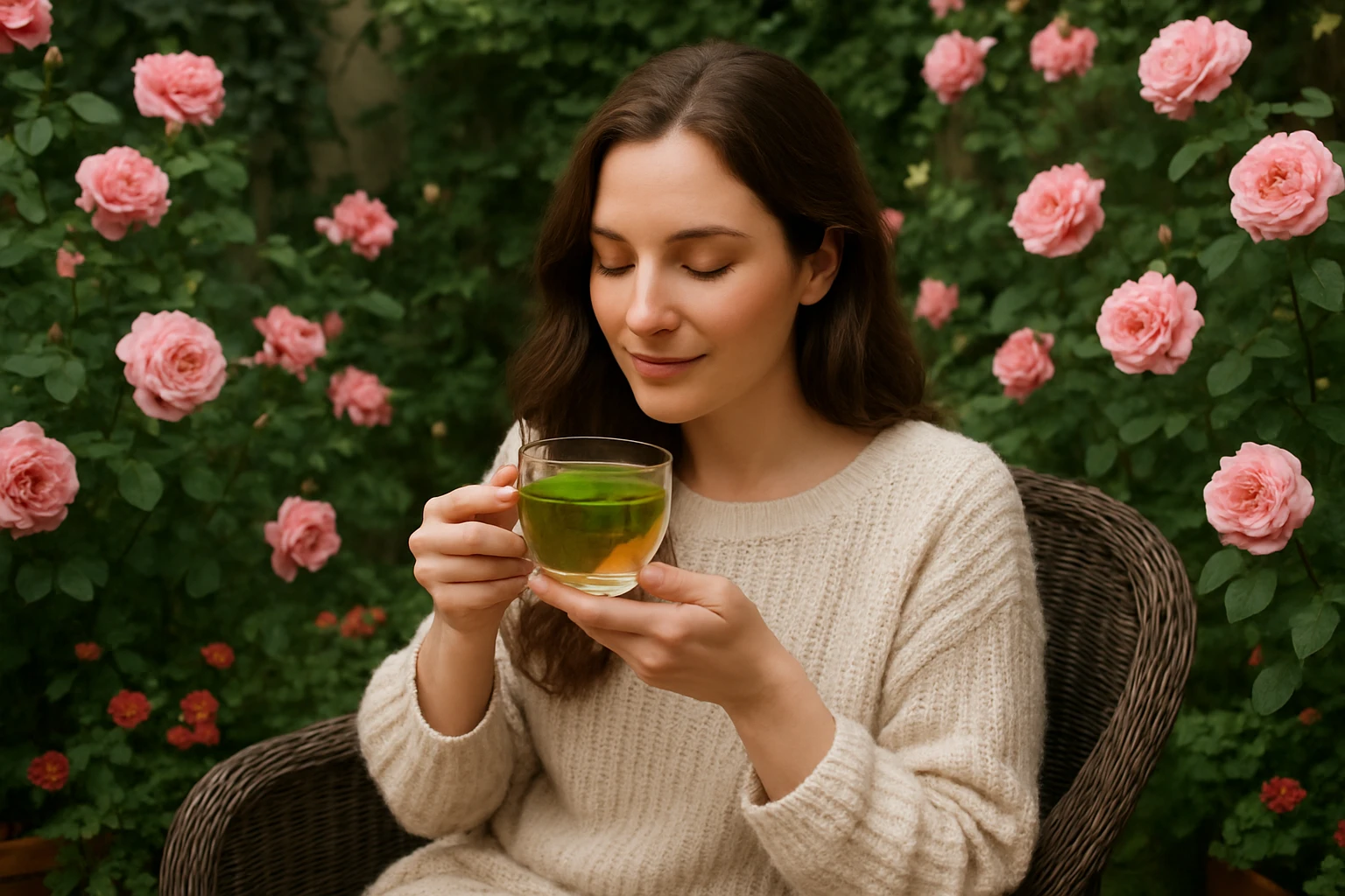 A woman enjoys a cup of mint tea while sitting in a cozy garden nook surrounded by blooming roses and lush greenery.