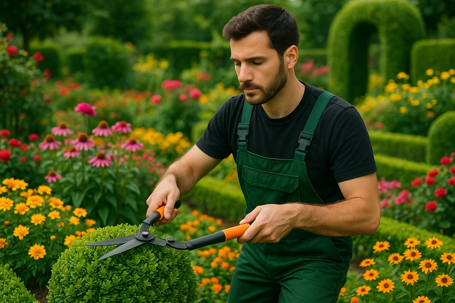 A gardener tending to a lush, vibrant garden filled with blooming flowers and neatly trimmed hedges, symbolizing the economic vitality of the UK’s home and garden sector.