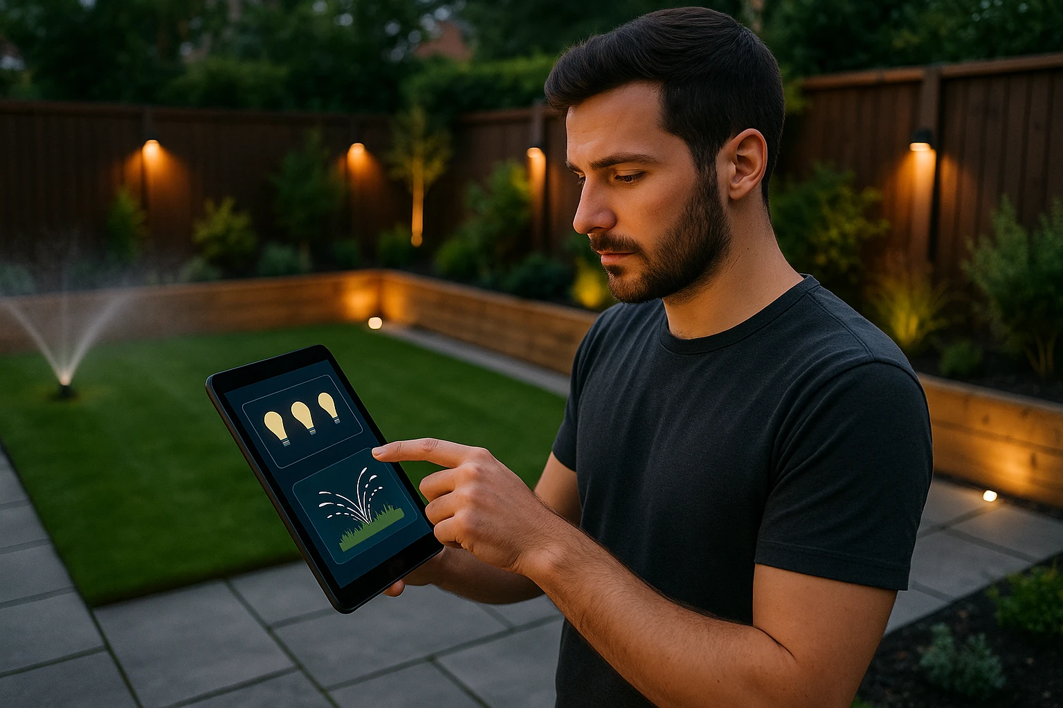 A homeowner using a tablet to control smart lights and automated irrigation in a modern UK garden.