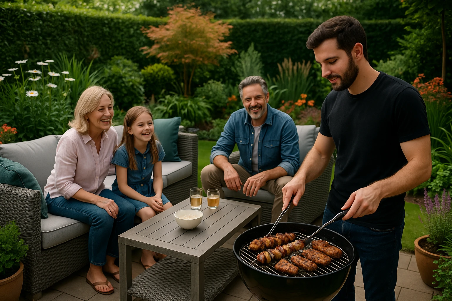 A family enjoying a barbecue in a well-designed garden with comfortable seating and lush greenery.