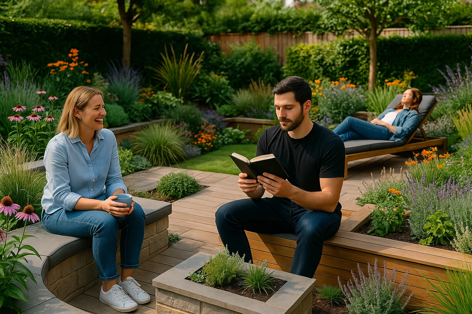 People relaxing in a beautifully designed UK garden with multifunctional seating areas and vibrant plants.