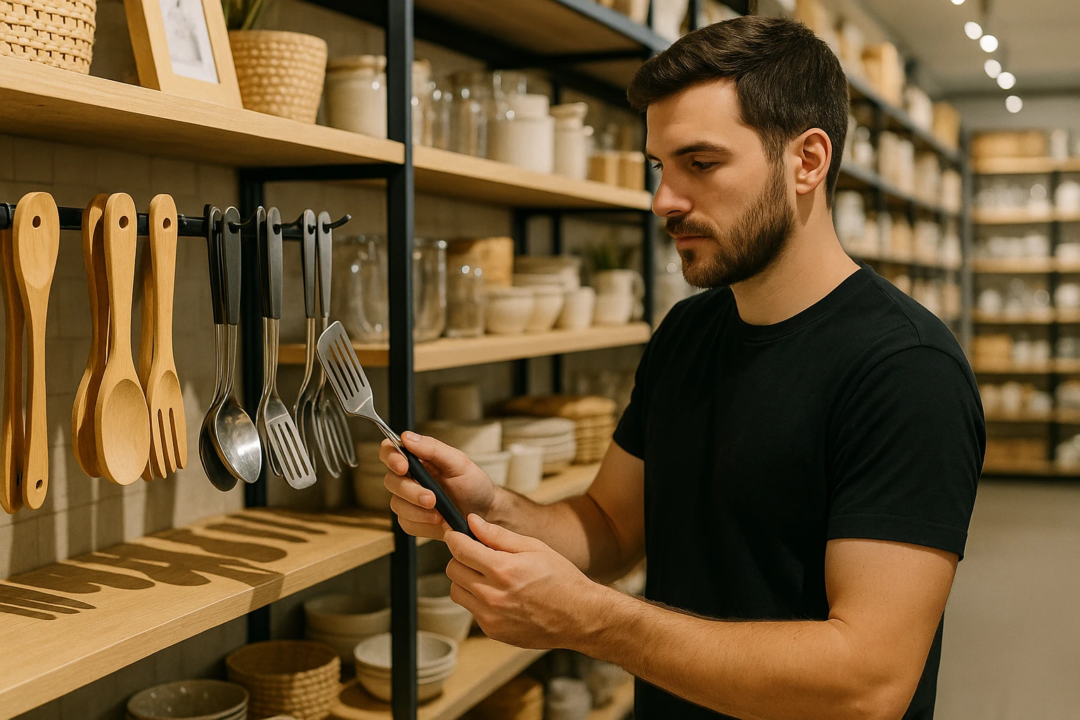 A person browsing a local home essentials store, selecting kitchen utensils from well-organized shelves.
