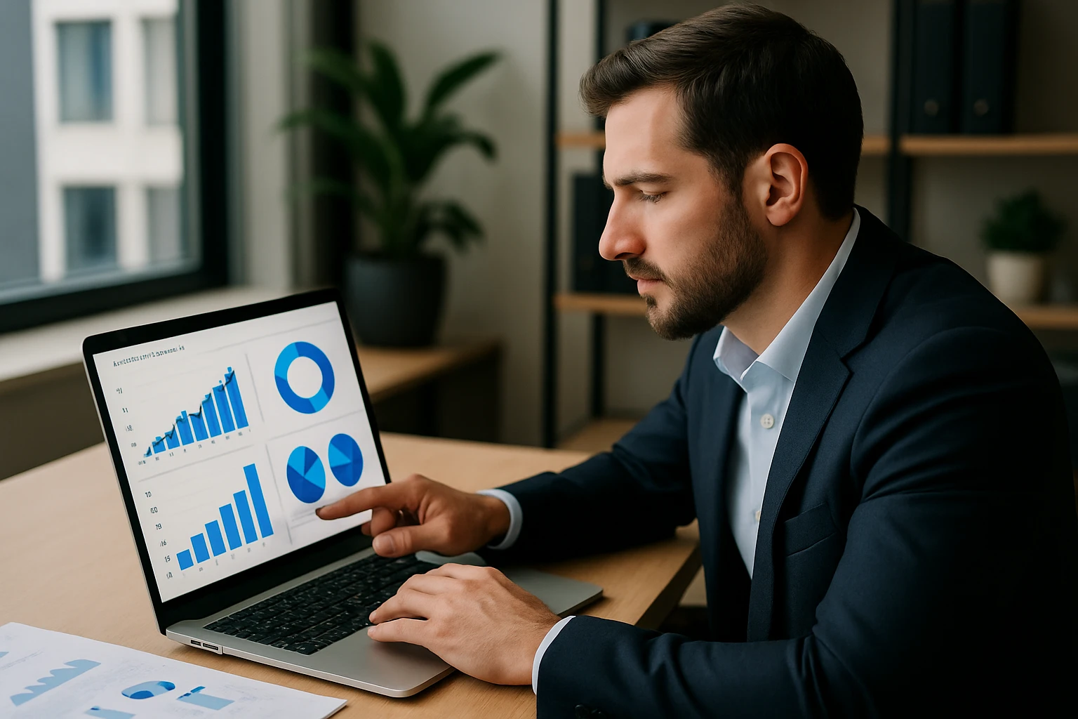 A business professional in an office analyzing graphs and charts on a laptop displaying data about the UK's homeware market growth.