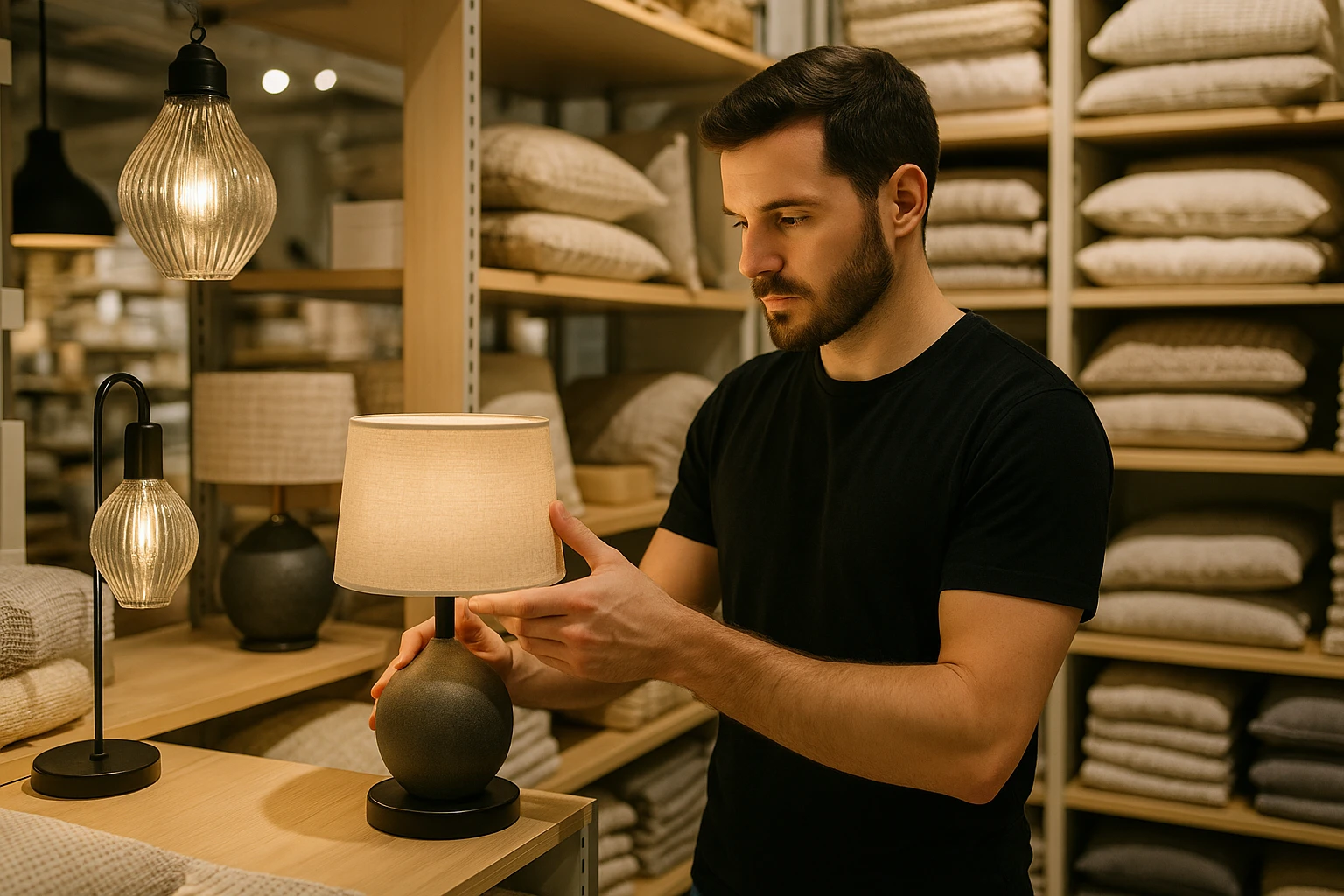 A shopper examining decorative lighting displayed next to soft furnishings in a well-organized retail store.