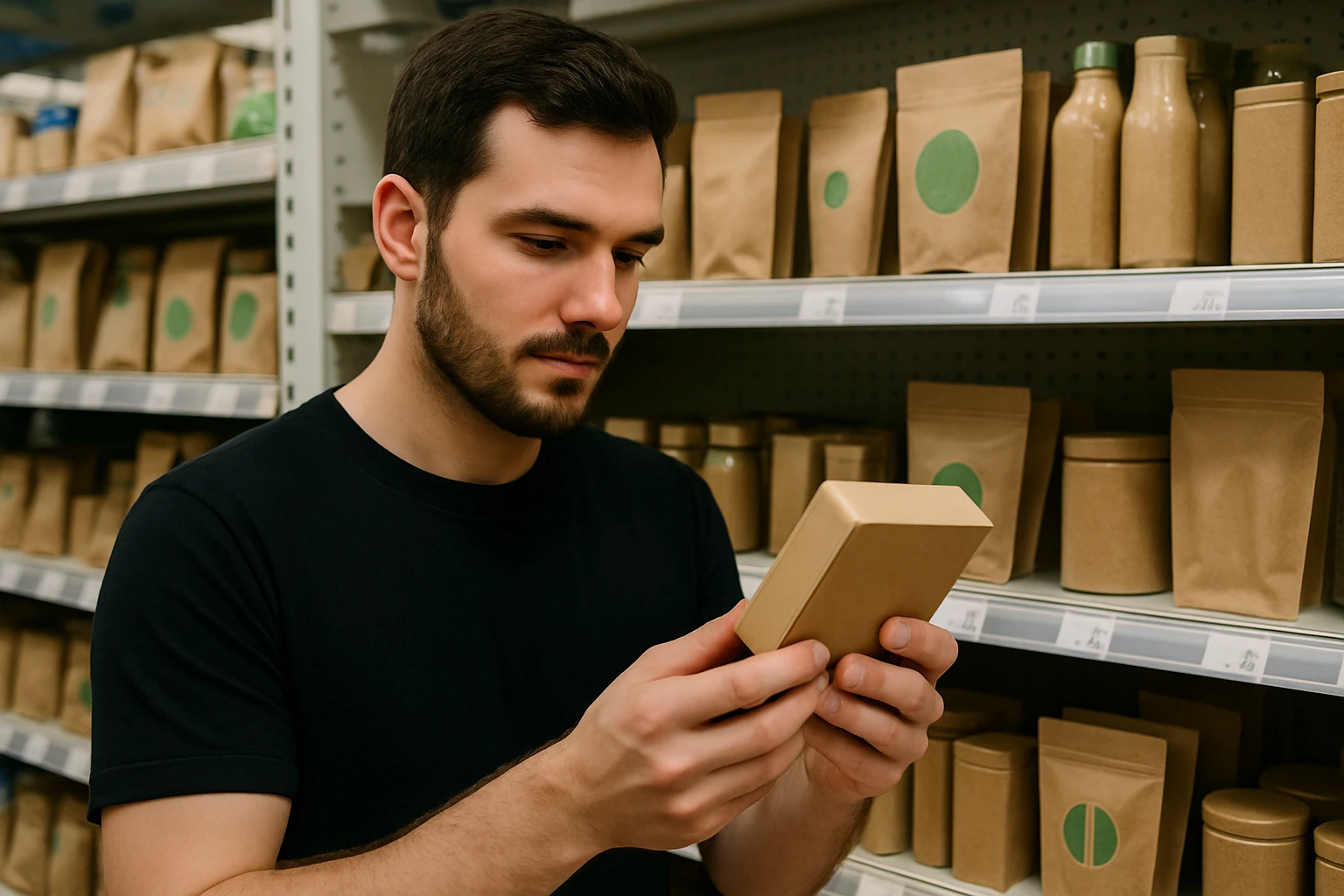 A shopper examining a product with eco-friendly packaging on a shelf in a UK retail store.