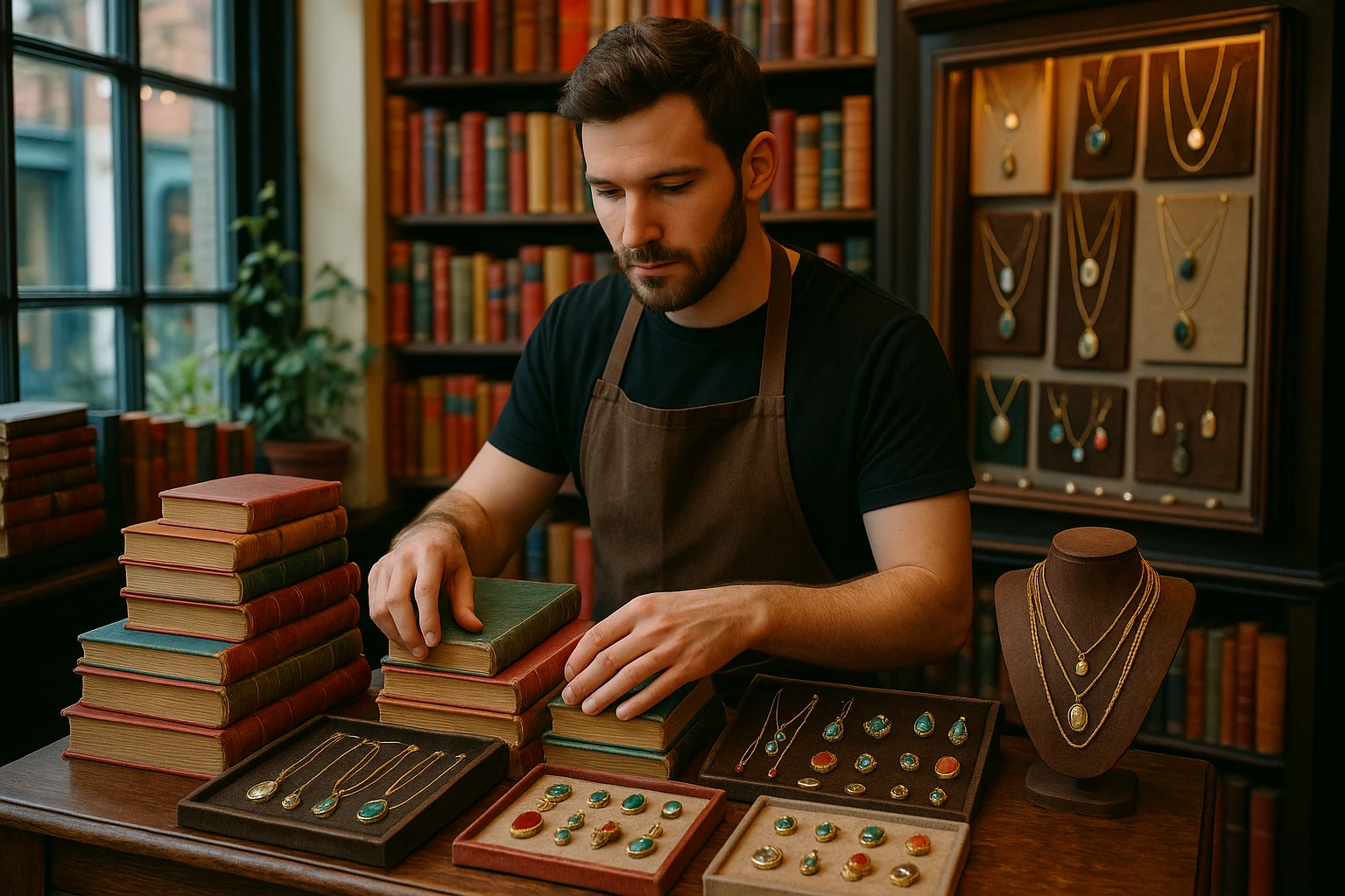 A shopkeeper arranging a vibrant display of vintage books and handcrafted jewellery in a quaint London boutique.