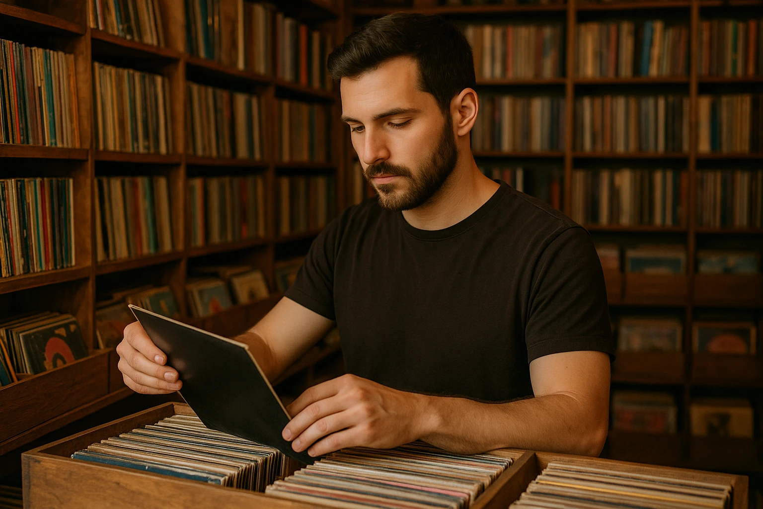 A shopkeeper arranging vintage vinyl records in a cosy collections store with neatly organised shelves.