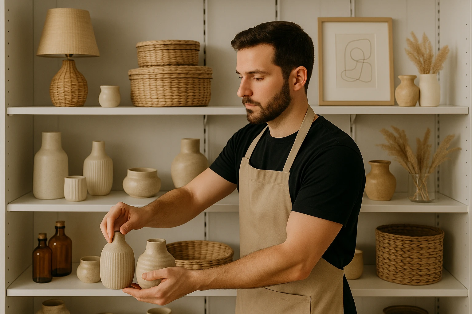 A shop assistant arranging home décor items into themed collections on display shelves.