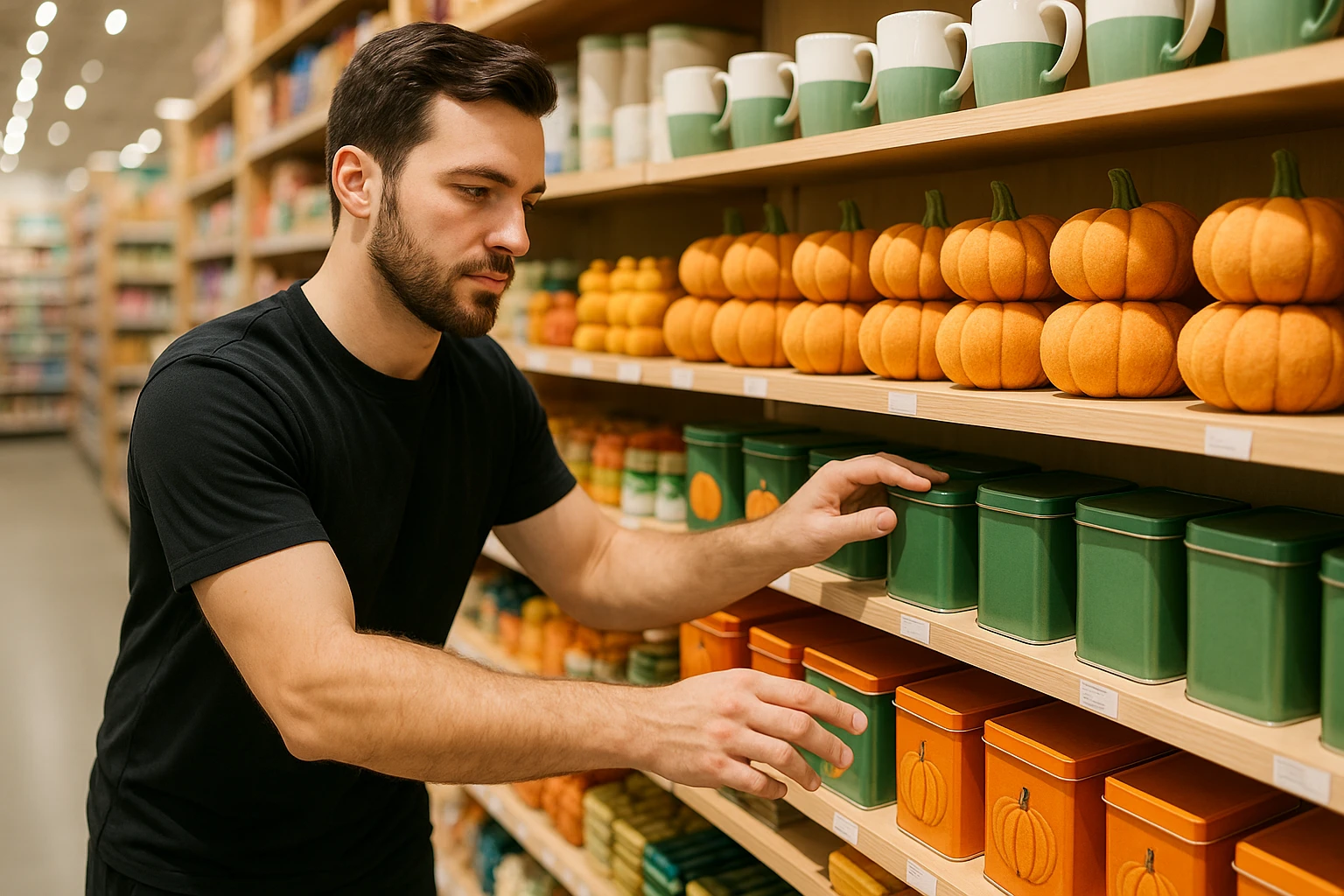A shopkeeper arranging neatly themed product displays in a well-organized retail store aisle.