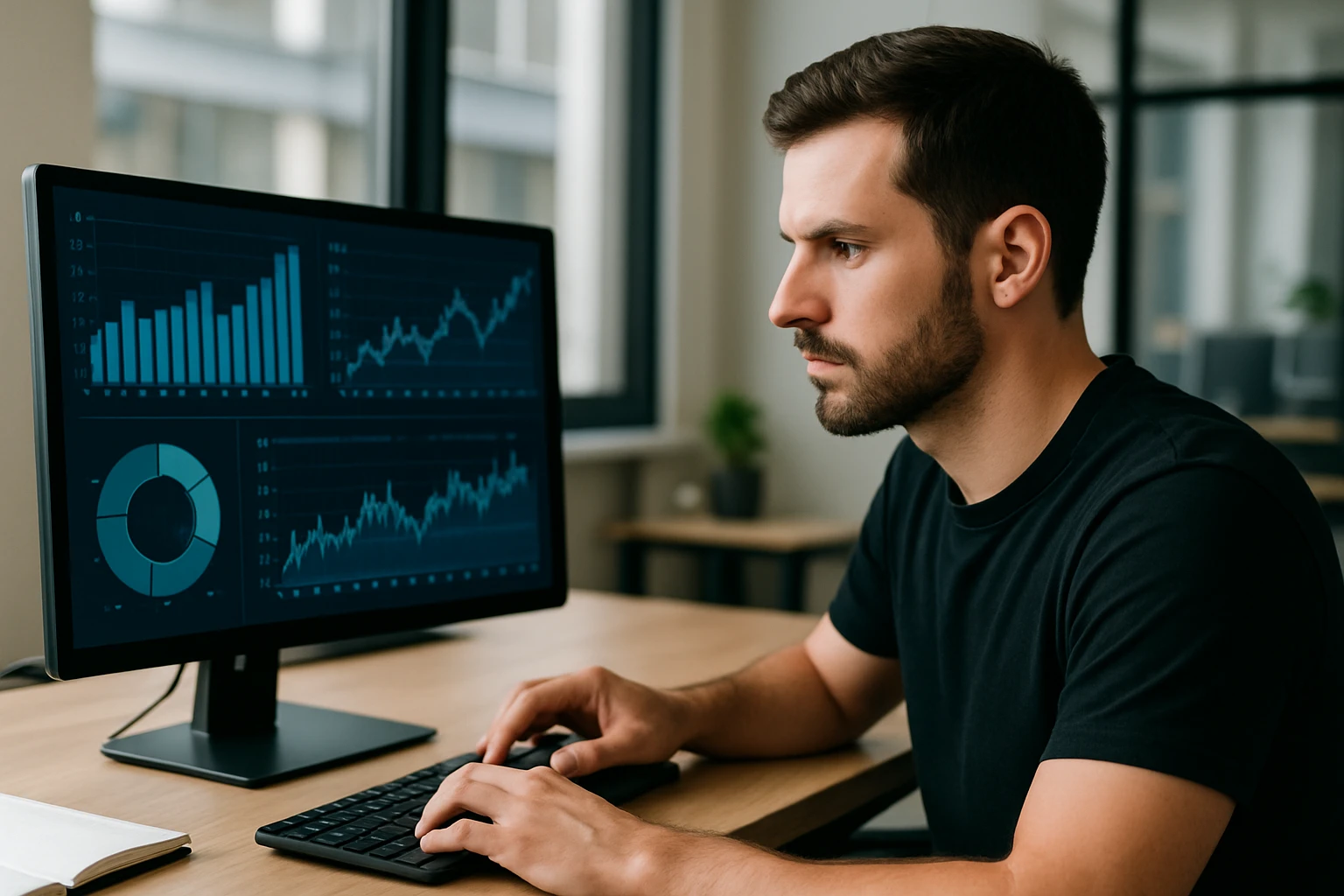 A person studying graphs and charts on a computer screen with statistical data and market trends in a modern office setting.