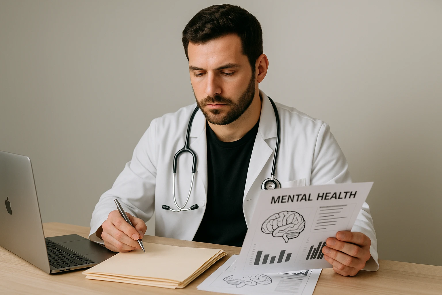 A doctor sitting at a desk reviewing mental health charts with patients' files and a laptop.