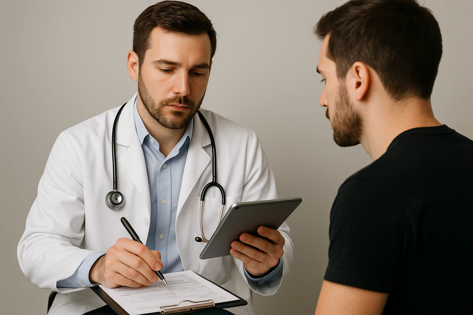 A healthcare provider conducting a standardized clinical interview with a patient using a digital tablet and printed assessment forms.