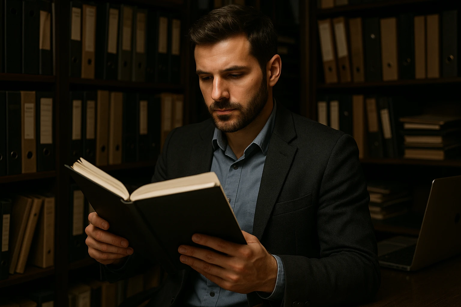 A private investigator examining documents in an office filled with folders and a laptop.