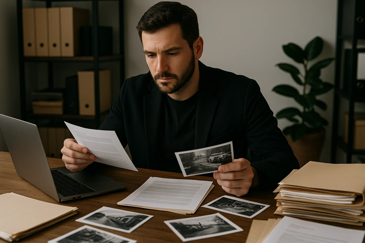 A private investigator reviewing documents and photographs at a desk covered with files and a laptop in an office setting.
