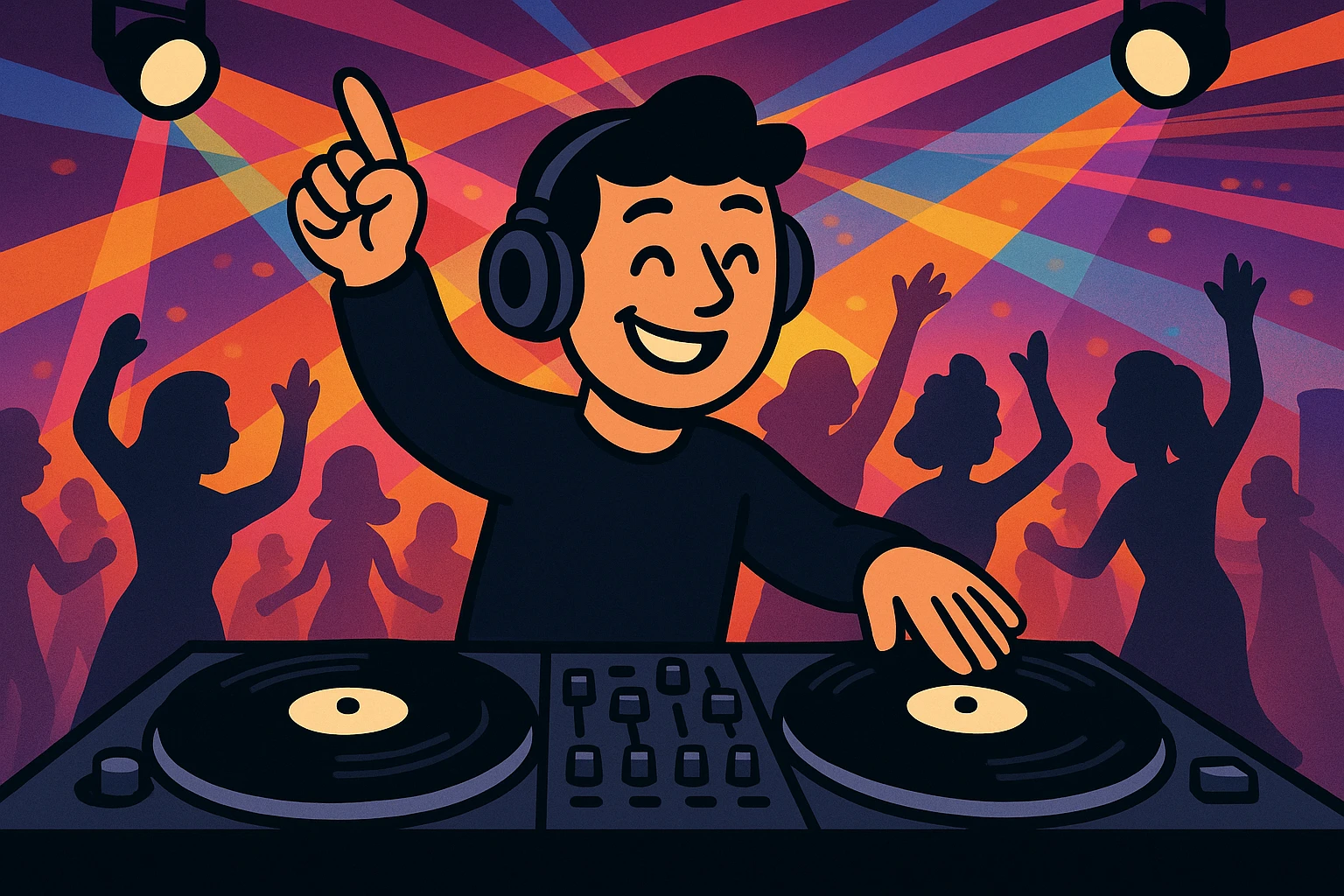 A lively DJ spinning records with vibrant lights and an energetic crowd dancing at a stylish reception hall.