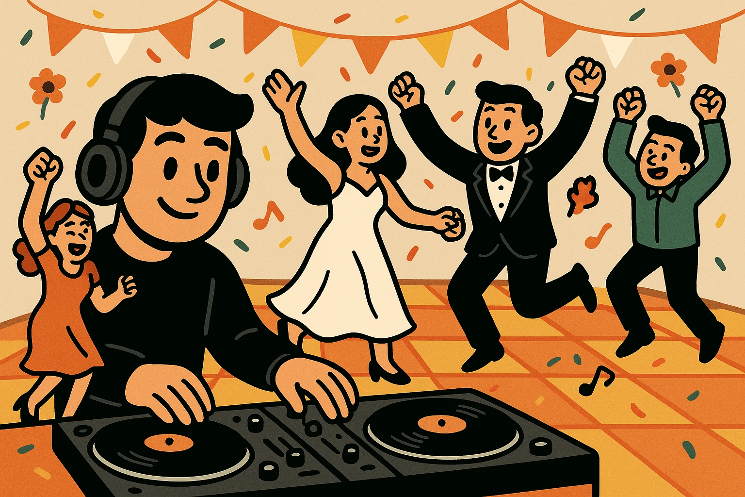 A DJ playing music at a lively wedding reception with guests dancing energetically on a decorated dance floor.