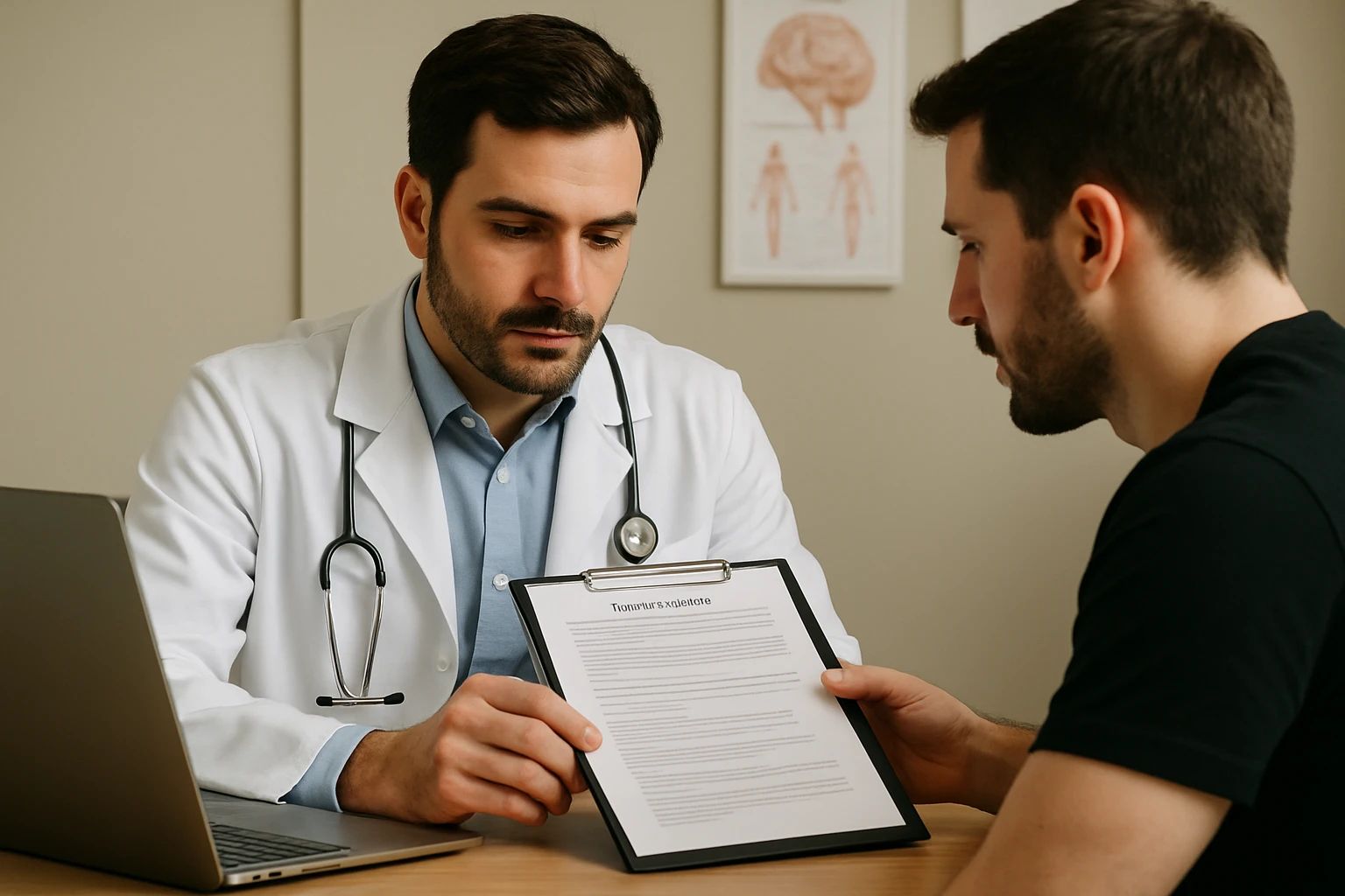 A healthcare professional reviewing a mental health diagnostic report with a patient in an office setting with medical charts and a laptop.