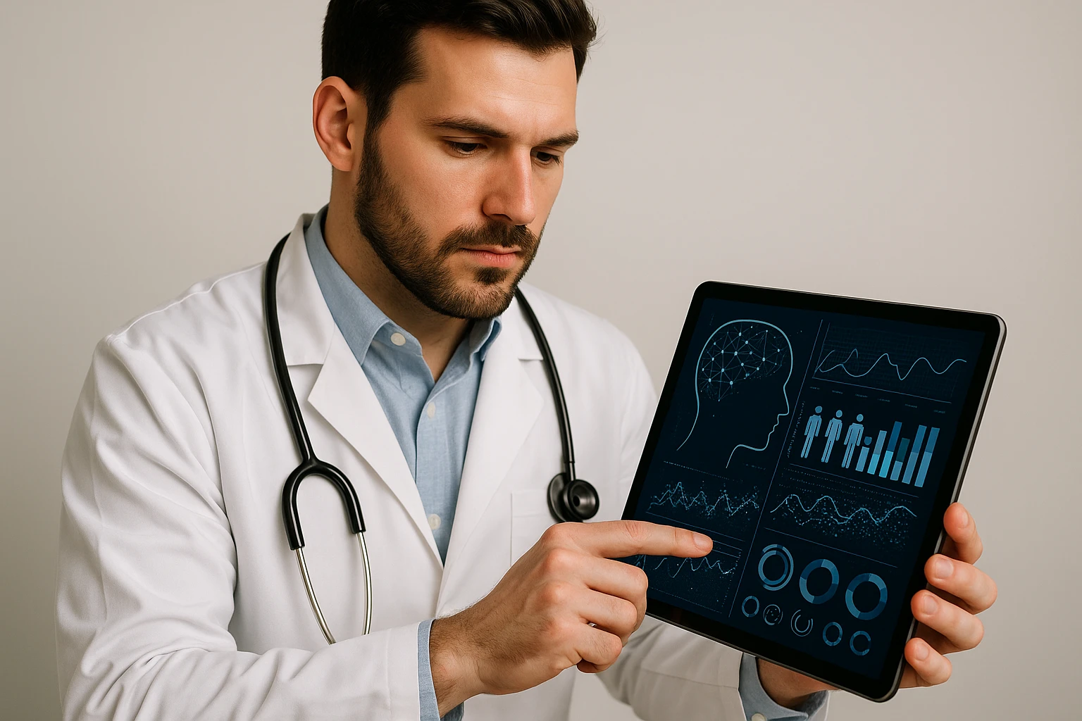 A doctor reviewing mental health statistics on a tablet with patient charts and AI data patterns displayed on the screen.