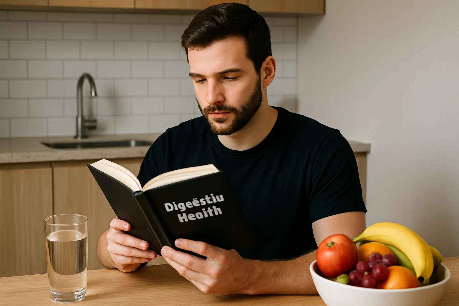 A person sitting at a kitchen table reading a book about digestive health with a glass of water and a bowl of mixed fruits.