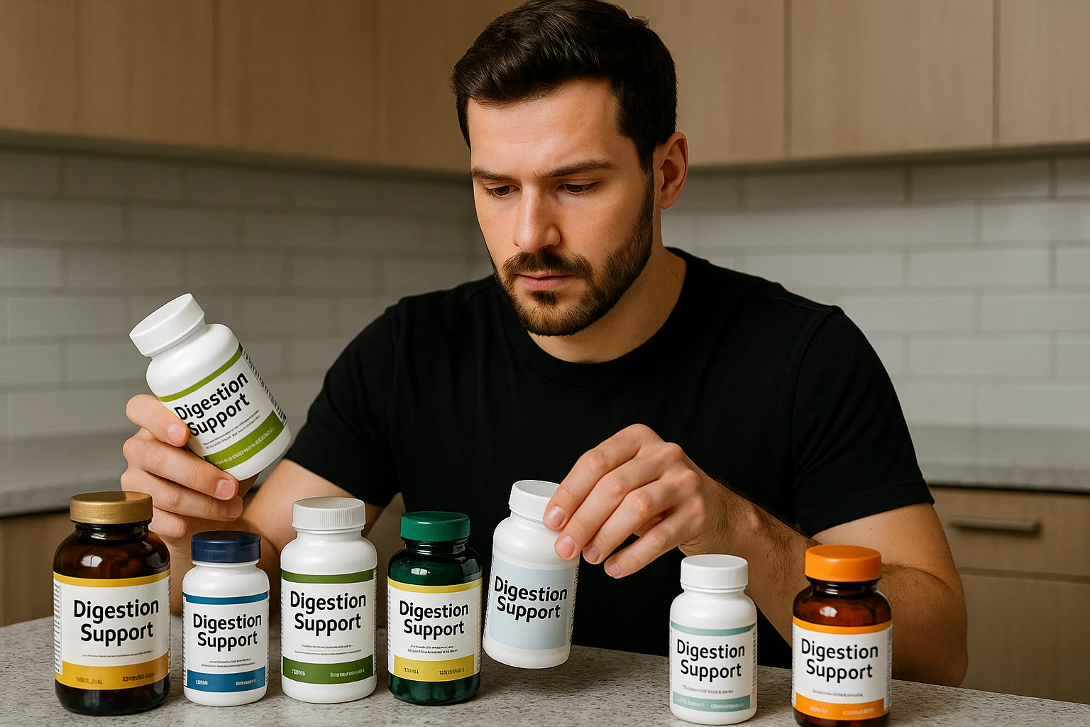A person sorting through a variety of digestion support supplement bottles on a kitchen countertop.