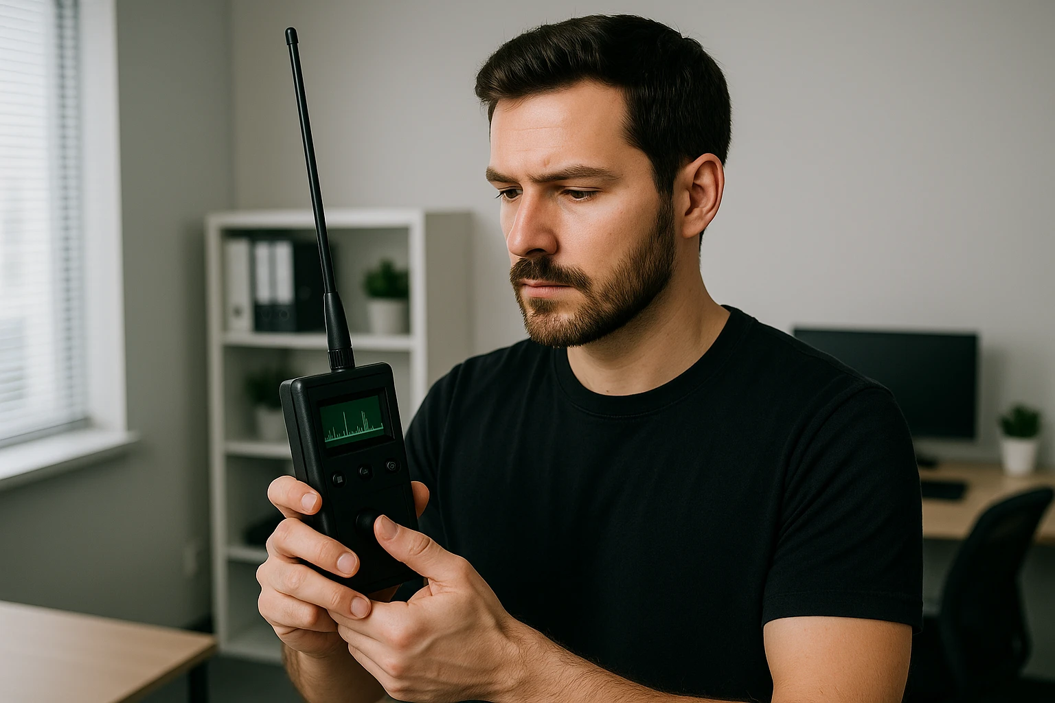 A technician carefully scanning an office room with a handheld electronic device while checking for hidden cameras and microphones.
