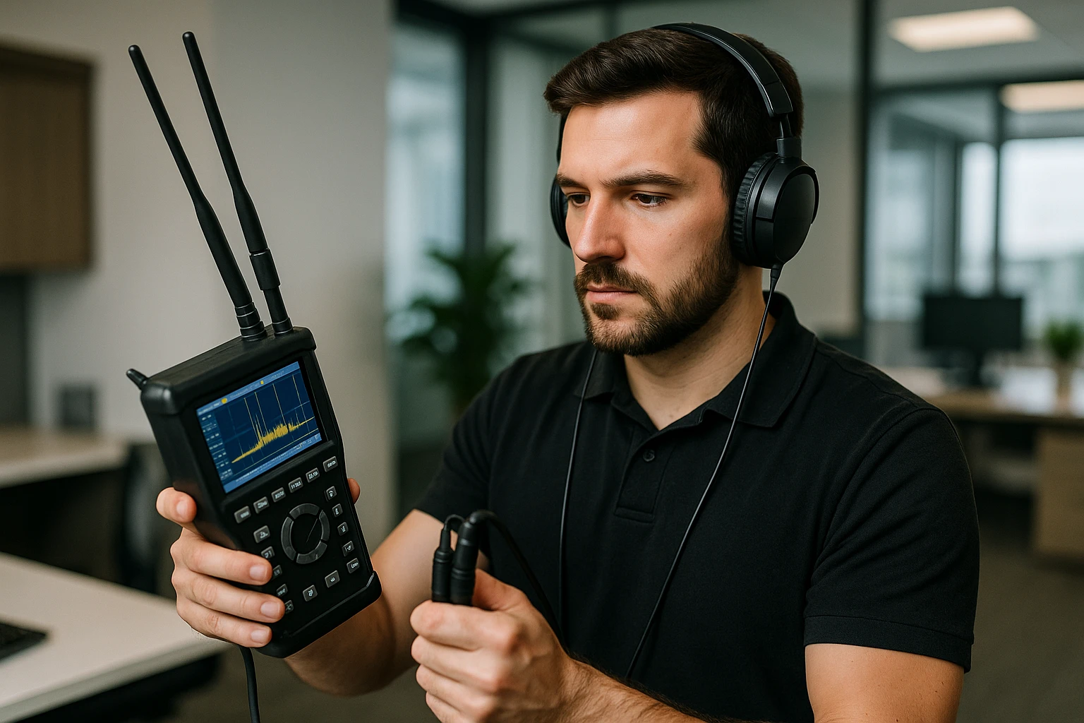 A technician conducting a bug sweep in an office using a handheld spectrum analyzer and RF detection equipment.