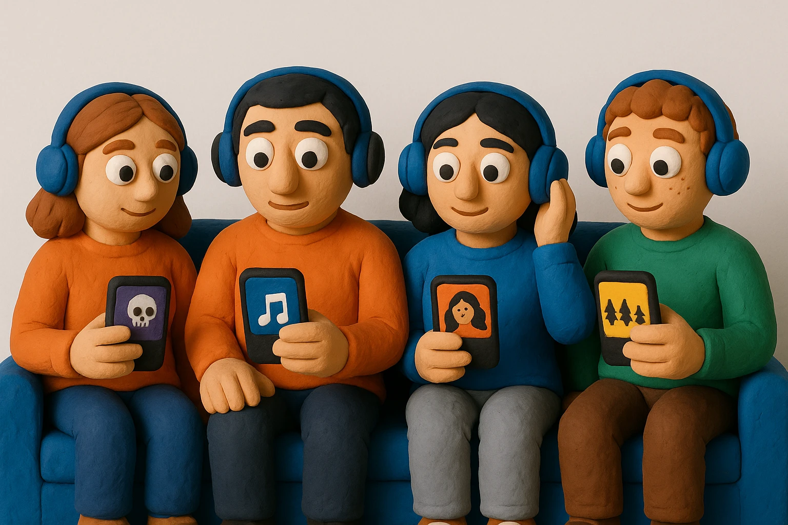 Un gruppo di persone sedute su un divano, ognuna con le cuffie e lo smartphone in mano, mostrano le copertine degli album sui loro schermi.