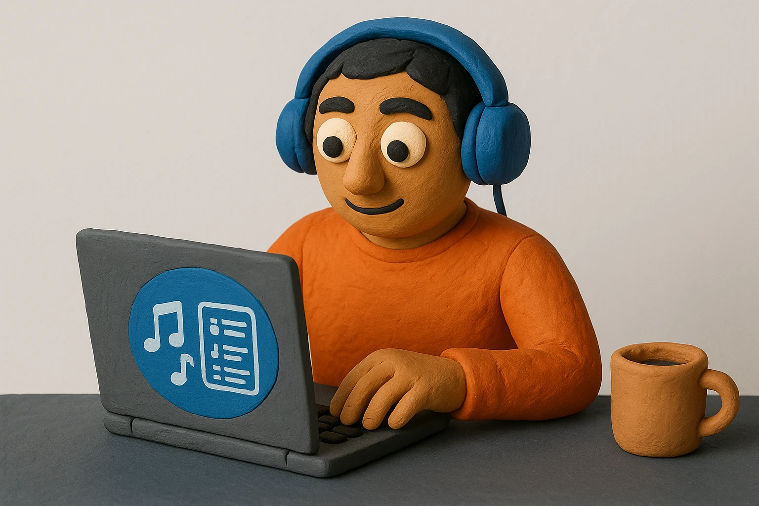 Una persona che utilizza un computer portatile per creare una playlist, mescolando la propria musica con brani popolari, con le cuffie e una tazza di caffè sulla scrivania.