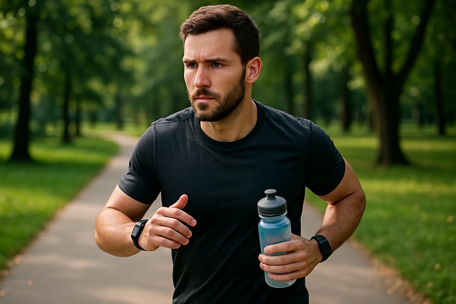 A person jogging in a park with a focused expression, wearing a fitness tracker and carrying a water bottle.