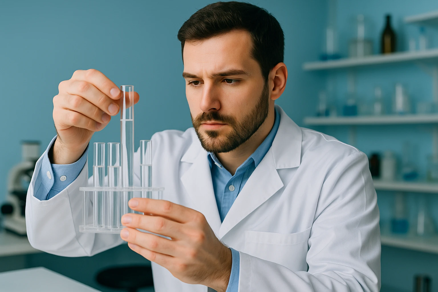 A scientist in a lab coat examining test tubes filled with clear liquid on a laboratory bench.